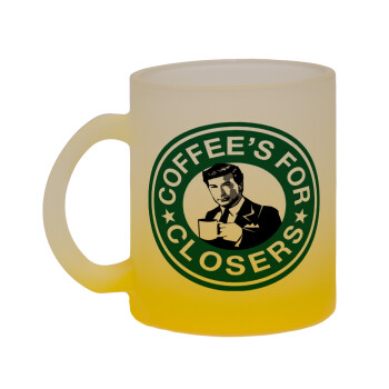 Coffee's for closers, Κούπα γυάλινη δίχρωμη με βάση το κίτρινο ματ, 330ml