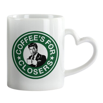 Coffee's for closers, Κούπα καρδιά χερούλι λευκή, κεραμική, 330ml