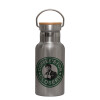 Stainless steel metallic thermos flask, silver with a bamboo lid, double-walled, 350ml.