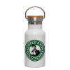 Metallic thermos (Stainless steel) White with wooden lid (bamboo), double-walled, 350ml