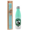 Easter Set, Metallic green/white thermos (Stainless steel), double-walled, 500ml & scented flat Easter candle (30cm) (TURQUOISE)