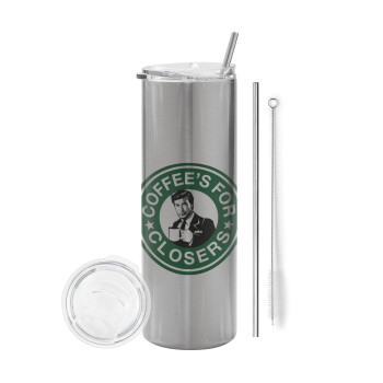 Coffee's for closers, Eco friendly stainless steel Silver tumbler 600ml, with metal straw & cleaning brush