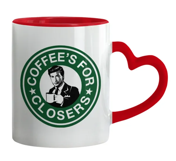 Coffee's for closers — Κούπα καρδιά χερούλι κόκκινη, κεραμική, 330ml