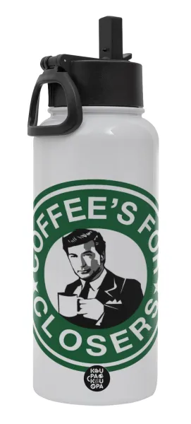 Coffee's for closers — Μεταλλικό παγούρι θερμός Λευκό με καλαμάκι και χερούλι (Stainless steel), διπλού τοιχώματος, 950ml