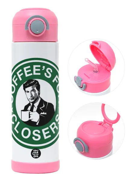 Coffee's for closers — Παιδικό παγούρι θερμό, ανοξείδωτο, με καλαμάκι ασφαλείας, ΡΟΖ (500ml)