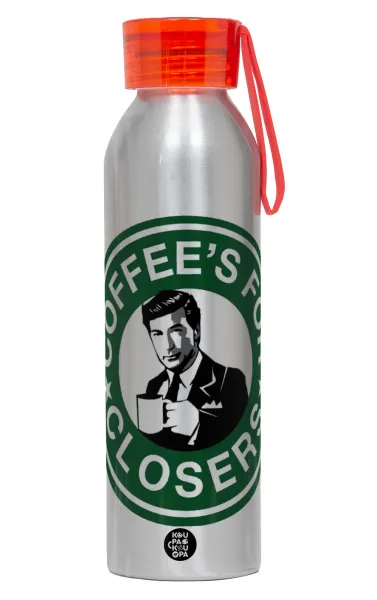 Coffee's for closers — Αλουμινένιο Αθλητικό Μπουκάλι 650ml – Ασημί με Κόκκινο Καπάκι και Λουράκι Σιλικόνης