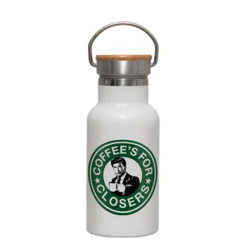 Coffee's for closers, Metallic thermos (Stainless steel) White with wooden lid (bamboo), double-walled, 350ml