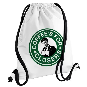 Coffee's for closers, Backpack pouch GYMBAG white, with pocket (40x48cm) & thick cords