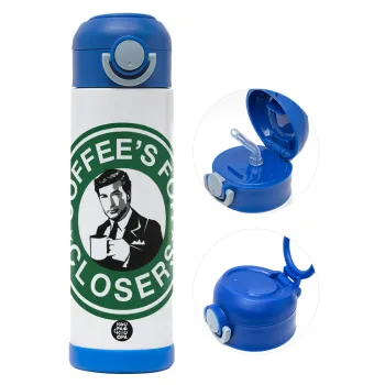 Coffee's for closers, Children's hot water bottle, stainless steel, with safety straw, BLUE (500ml)
