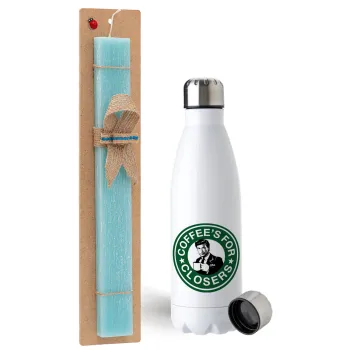 Coffee's for closers, Easter Set, metallic stainless steel water bottle (750ml) & aromatic flat Easter candle (30cm) (TURQUOISE)