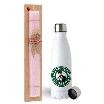 Coffee's for closers, Easter Set, metallic stainless steel water bottle (750ml) & scented flat Easter candle (30cm) (PINK)