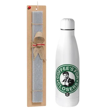 Coffee's for closers, Easter Set, metallic stainless thermos bottle (500ml) & scented flat Easter candle (30cm) (GRAY)