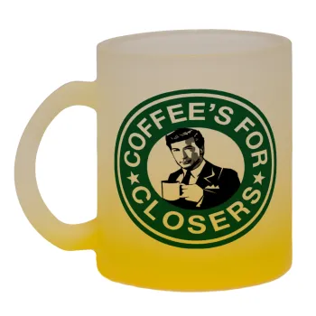 Coffee's for closers, Κούπα γυάλινη δίχρωμη με βάση το κίτρινο ματ, 330ml