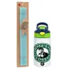 Easter Set, Children's thermal stainless steel bottle with safety straw, green/blue (350ml) & aromatic flat Easter candle (30cm) (TURQUOISE)