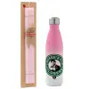 Easter Set, Metallic pink/white (Stainless steel) thermos, double-walled, 500ml & aromatic flat Easter candle (30cm) (PINK)