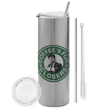 Coffee's for closers, Tumbler ποτήρι θερμό Ασημένιο από ανοξείδωτο ατσάλι 600ml, με μεταλλικό καλαμάκι & βούρτσα καθαρισμού