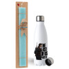 Easter Set, metallic stainless steel water bottle (750ml) & aromatic flat Easter candle (30cm) (TURQUOISE)