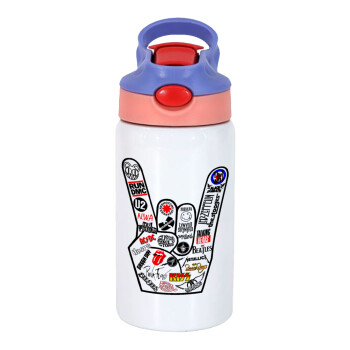 Best Rock Bands hand, Παιδικό παγούρι θερμό, ανοξείδωτο, με καλαμάκι ασφαλείας, ροζ/μωβ (350ml)