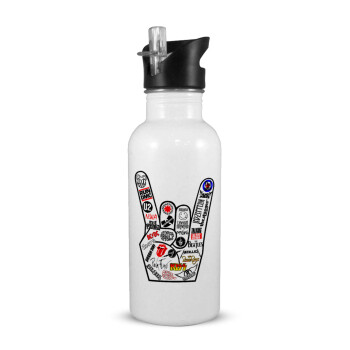 Best Rock Bands hand, White water bottle with straw, stainless steel 600ml