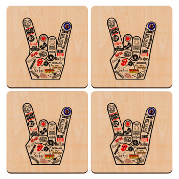 Best Rock Bands hand, ΣΕΤ x4 Σουβέρ ξύλινα τετράγωνα plywood (9cm)