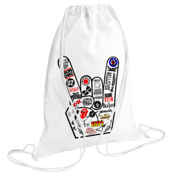 Best Rock Bands hand, Τσάντα πλάτης πουγκί GYMBAG λευκή (28x40cm)