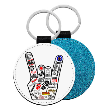 Best Rock Bands hand, Μπρελόκ Δερματίνη, στρογγυλό ΜΠΛΕ (5cm)