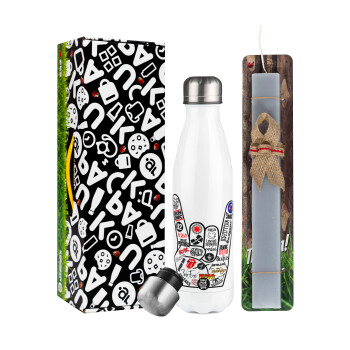 Best Rock Bands hand, Easter candle, metallic white thermos bottle (500ml) & aromatic flat candle (30cm) (GRAY)