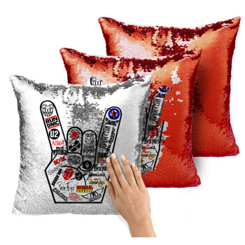 Best Rock Bands hand, Μαξιλάρι καναπέ Μαγικό Κόκκινο με πούλιες 40x40cm περιέχεται το γέμισμα