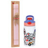 Easter Set, Children's thermal stainless steel water bottle with safety straw, pink/purple (350ml) & Easter scented flat candle (30cm) (PINK)