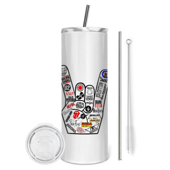 Best Rock Bands hand, Tumbler ποτήρι θερμό από ανοξείδωτο ατσάλι 600ml, με μεταλλικό καλαμάκι & βούρτσα καθαρισμού
