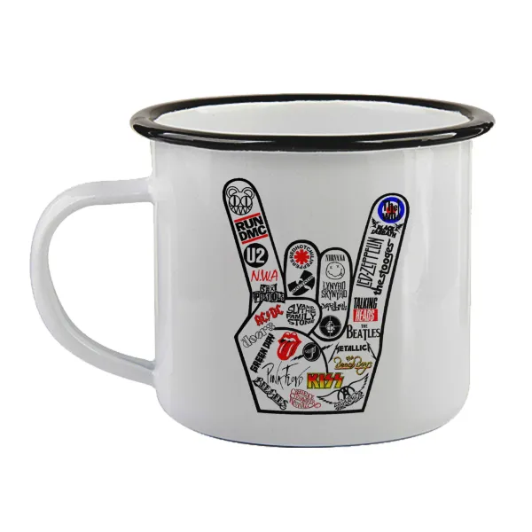 Best Rock Bands hand — Enamel mug with black rim, 360ml