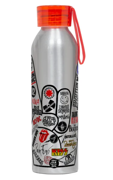 Best Rock Bands hand — Αλουμινένιο Αθλητικό Μπουκάλι 650ml – Ασημί με Κόκκινο Καπάκι και Λουράκι Σιλικόνης