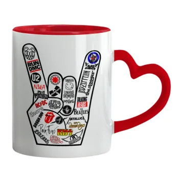 Best Rock Bands hand, Κούπα καρδιά χερούλι κόκκινη, κεραμική, 330ml
