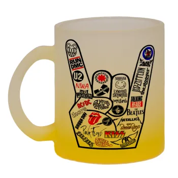 Best Rock Bands hand, Κούπα γυάλινη δίχρωμη με βάση το κίτρινο ματ, 330ml