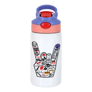 Best Rock Bands hand, Children's hot water bottle, stainless steel, with safety straw, pink/purple (350ml)