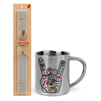 Best Rock Bands hand, Easter Set, metallic thermal cup (300ml) & Easter aromatic flat candle (30cm) (GRAY)