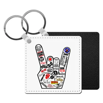 Best Rock Bands hand, Μπρελόκ Δερματίνη, τετράγωνο ΜΑΥΡΟ (5x5cm)