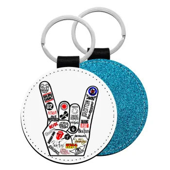 Best Rock Bands hand, Μπρελόκ Δερματίνη, στρογγυλό ΜΠΛΕ (5cm)