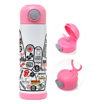 Best Rock Bands hand, Children's hot water bottle, stainless steel, with safety straw, PINK (500ml)