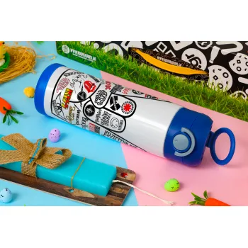 Best Rock Bands hand, Easter candle, Childrens hot water bottle, stainless steel, with safety straw, BLUE (500ml)
