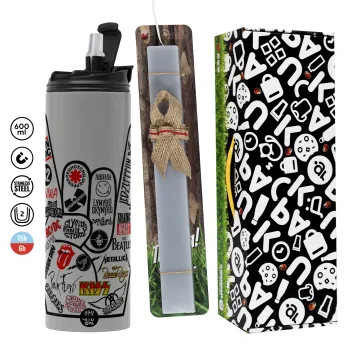 Best Rock Bands hand, Easter candle with Grey Tumbler Thermo 600ml & aromatic flat candle (30cm) (GREY)