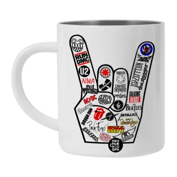 Best Rock Bands hand, Λευκή Ανοξείδωτη Μεταλλική Κούπα 450ml - Διπλού Τοιχώματος 