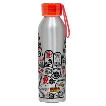 Best Rock Bands hand, Αλουμινένιο Αθλητικό Μπουκάλι 650ml – Ασημί με Κόκκινο Καπάκι και Λουράκι Σιλικόνης