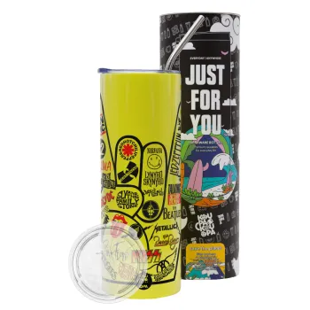 Best Rock Bands hand, Neon Yellow Travel Tumbler θερμό, μεταλλικό καλαμάκι(Ανωξείδωτο 304 Food grade, BPA free, 600ml)