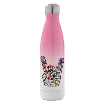 Best Rock Bands hand, Μεταλλικό παγούρι θερμός Ροζ/Λευκό (Stainless steel), διπλού τοιχώματος, 500ml