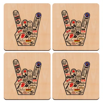 Best Rock Bands hand, ΣΕΤ x4 Σουβέρ ξύλινα τετράγωνα plywood (9cm)