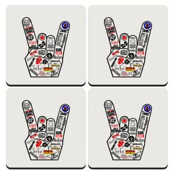 Best Rock Bands hand, ΣΕΤ 4 Σουβέρ ξύλινα τετράγωνα (9cm)