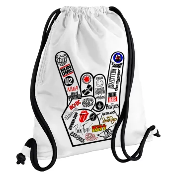 Best Rock Bands hand, Τσάντα πλάτης πουγκί GYMBAG λευκή, με τσέπη (40x48cm) & χονδρά κορδόνια