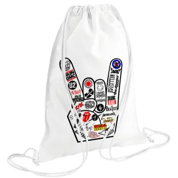 Best Rock Bands hand, Τσάντα πλάτης πουγκί GYMBAG λευκή (28x40cm)