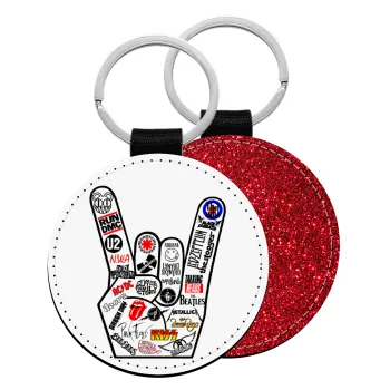 Best Rock Bands hand, Μπρελόκ Δερματίνη, στρογγυλό ΚΟΚΚΙΝΟ (5cm)